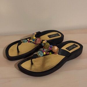 Grandco Y2K Gold Boho Beachy Multi Color Beaded Sandal Thong FlipFlops Womens 9